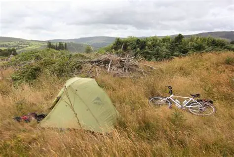 Wild Camping Tent with bike nearby in rural Ireland